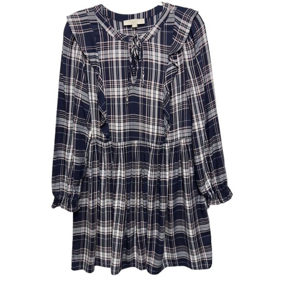 Loft Plaid Ruffle Flannel Knit Mini Dress - Picture 2 of 10